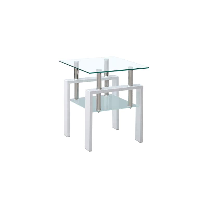 HomeRoots Set of Two Clear and White Glass and Metal Square End Tables With Shelf - 17.71 in. x 20.47 in. x 17.71 in.
