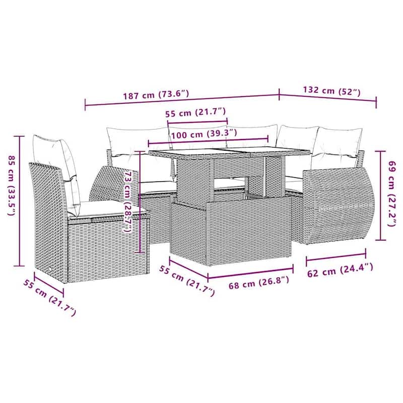 vidaXL Patio Sofa Set with Cushions and Table Outdoor 6 Piece Poly Rattan - 24.4 x 24.4 x 27.2
