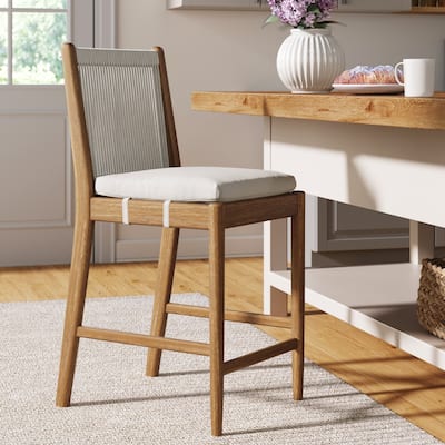 Kayden Solid Wood Dining Chair or Bar Stool with Woven Rope Backrest, Upholstered Stool for Kitchen or Bar
