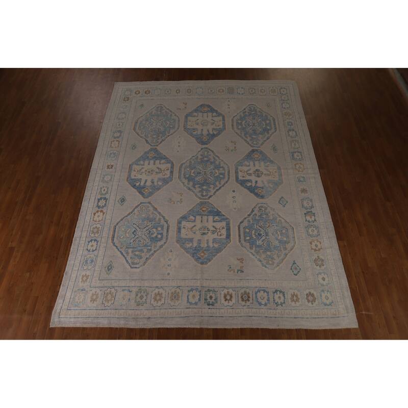 Hand Knotted Oriental 100% Wool Carpet Transitional Geometric Greys & Charcoal Oushak Area Rug - 12' 2'' X 9' 4''