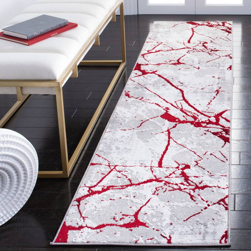 SAFAVIEH Amelia Fietje Modern Abstract Distressed Rug - 2' x 8' Runner - Grey/Red