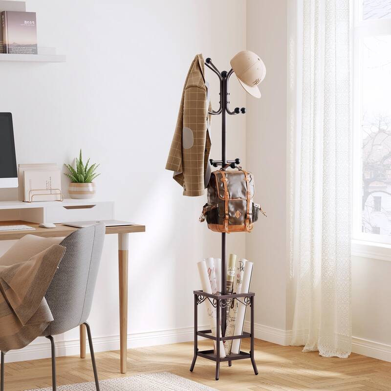 Coat Rack Freestanding,Entryway Coat Hanger Stand,Umbrella Holder,Hall Tree With 12 Hooks,Standing Coat Rack