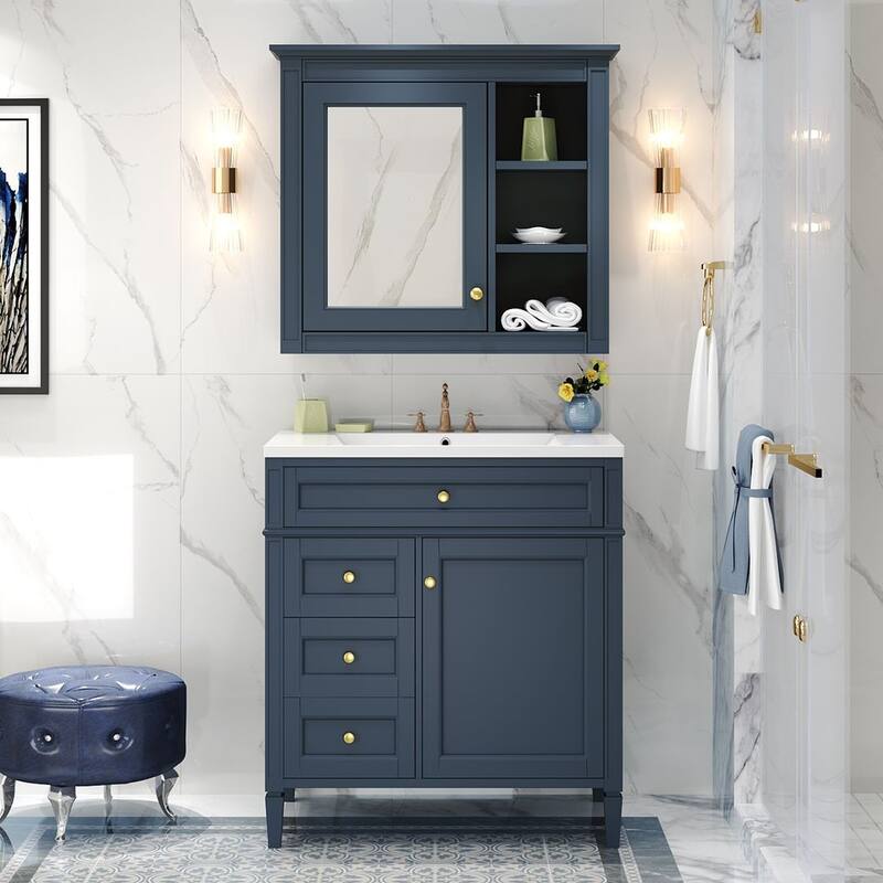 30" Modern Bathroom Vanity with Top Sink and 2 Drawers and a Tip-out Drawer - Blue - With Mirror Cabinet