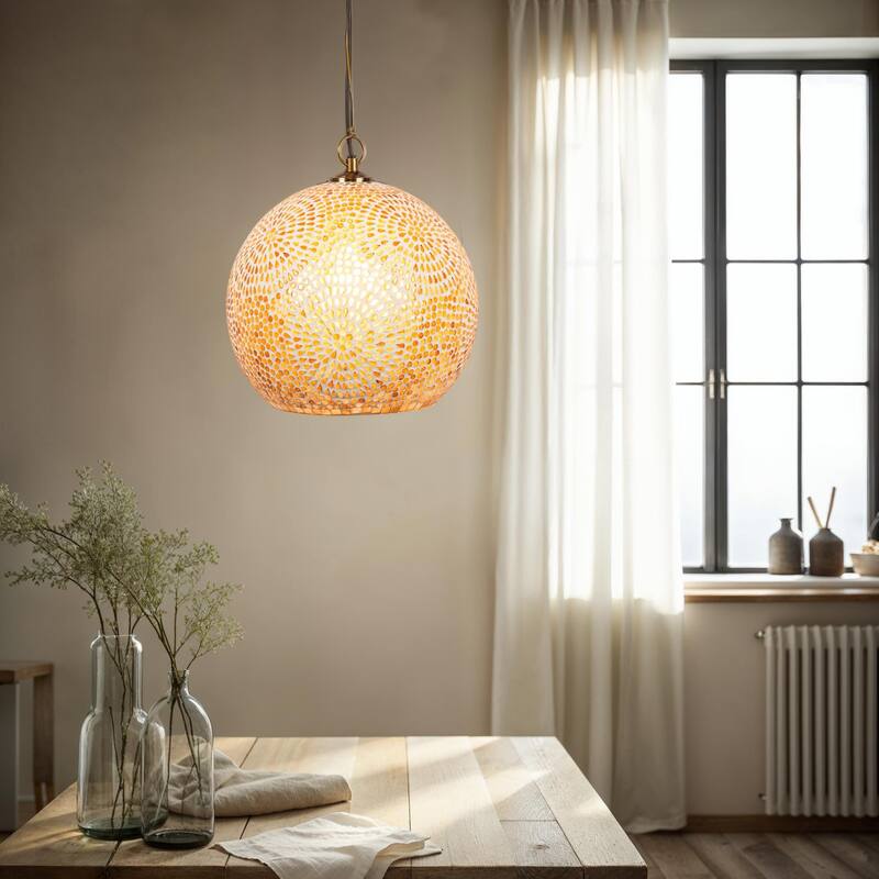 Glass Mosaic Pendant Lamp, 6' Cord, Antique Gold Finish and White - 12.0"L x 12.0"W x 12.5"H