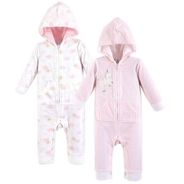 slide 1 of 1, Yoga Sprout Baby Girl Hooded Fleece Jumpsuits 2pk, Unicorn 0-3 Months - Unicorn Baby