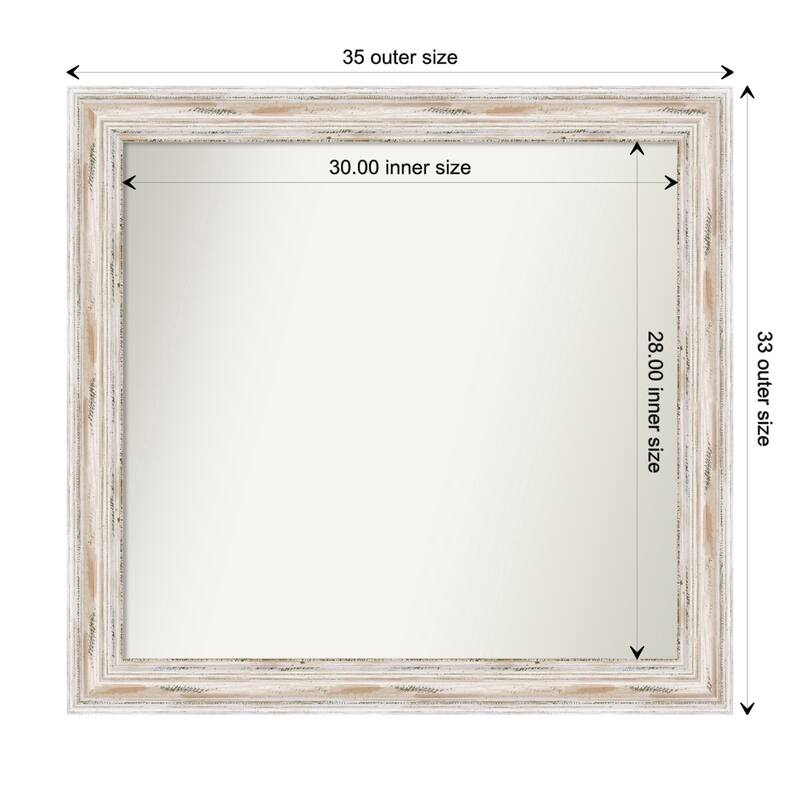 Alexandria White Wash Framed Non-Beveled Custom Wall Mirror, Bathroom Vanity Mirror - Outer Size: 35.25 x 33.25