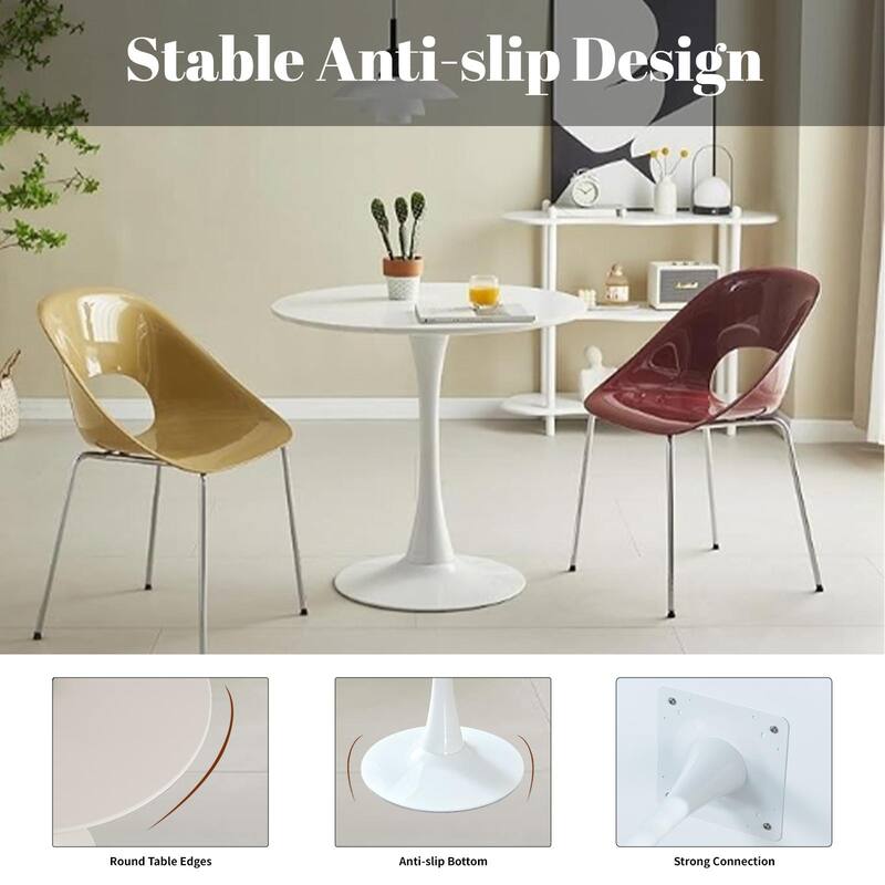 White Round Dining Table, Equipped with an elegant tulip-shaped metal base and a 31.5-inch medium-density fiberboard tabletop