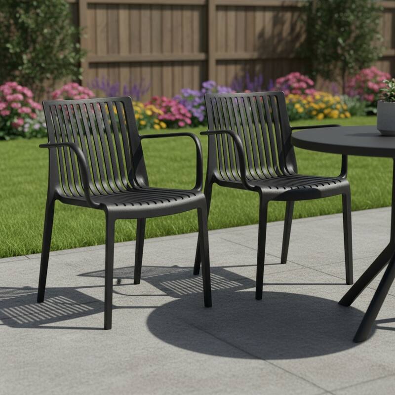 HomeRoots Set of Two Black Heavy Duty Plastic Outdoor Stacking Arm Chairs