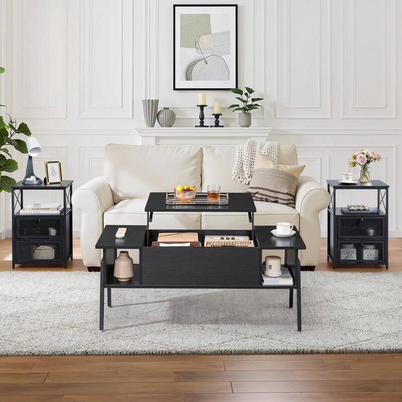 VECELO 3-piece Coffee Table Set,Lift Top Coffee Table with Hidden Storage and Nightstands Set of 2