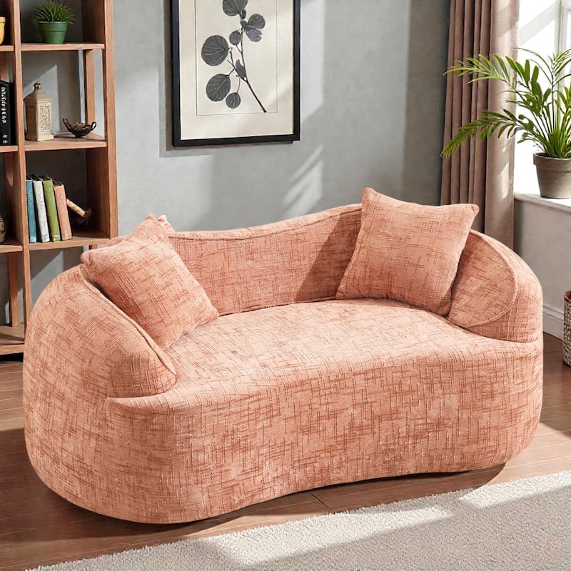 Curved 2 Seater Compressed Sofa Loveseat, Chenille Upholstered Couch with Armrests and Pillows, No Assembly