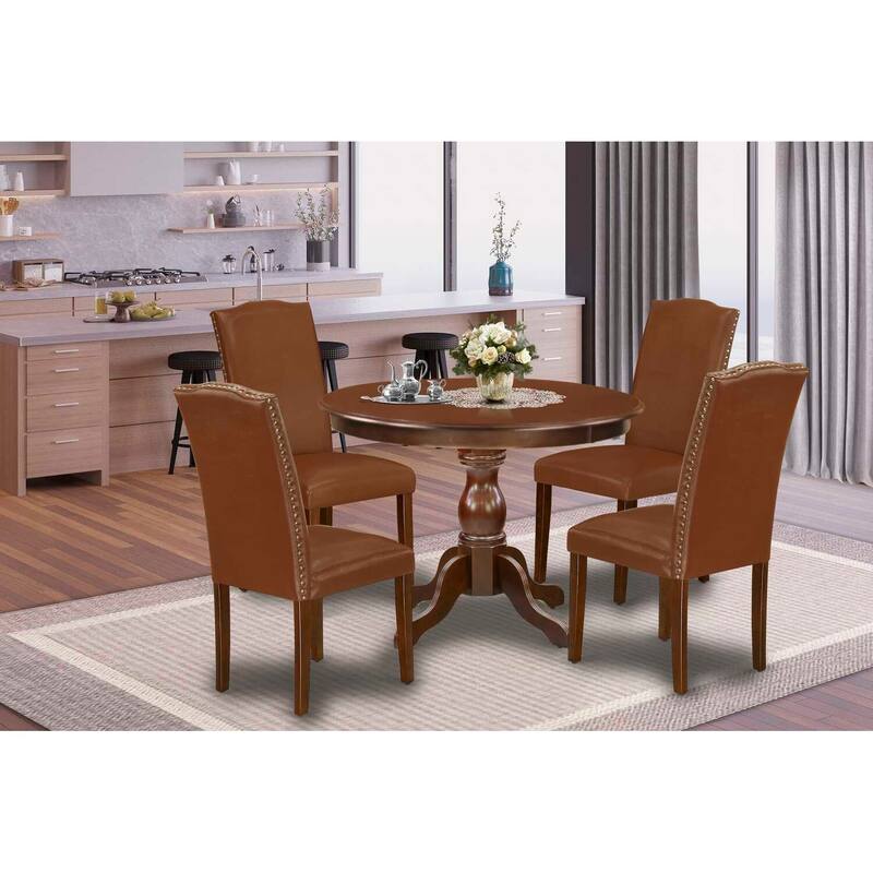 5-Piece Round Mahogany Finish Solid Wood Top Dining Table with 4 Parson Chair with