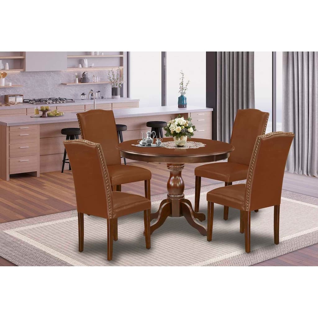 5-Piece Round Mahogany Finish Solid Wood Top Dining Table with 4 Parson Chair with