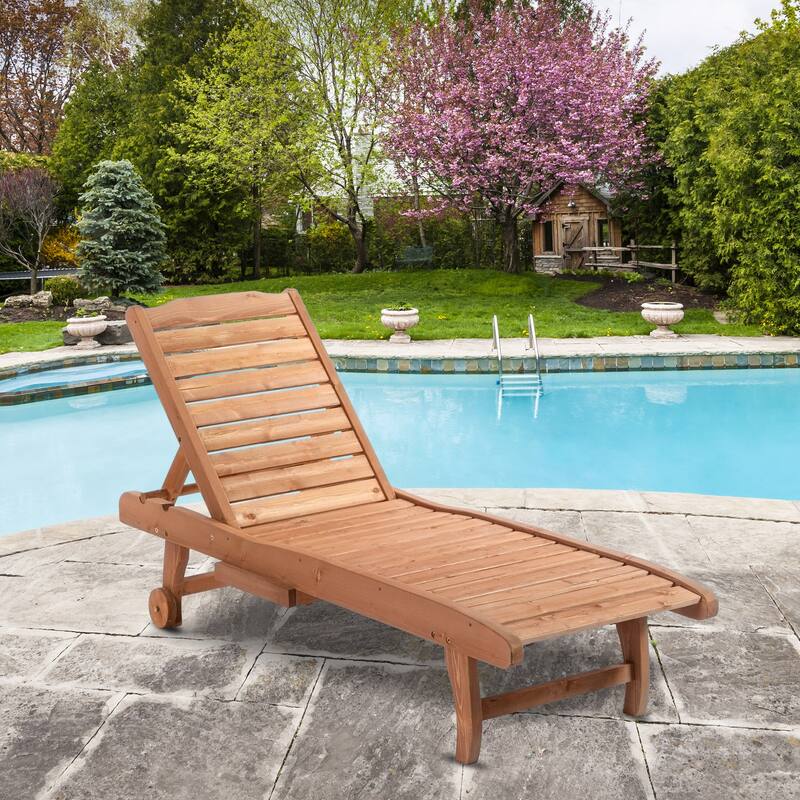 Outsunny Outdoor Chaise Lounge Pool Chair, Built-In Table, Reclining Backrest For Sun Tanning/Sunbathing, Rolling Wheels