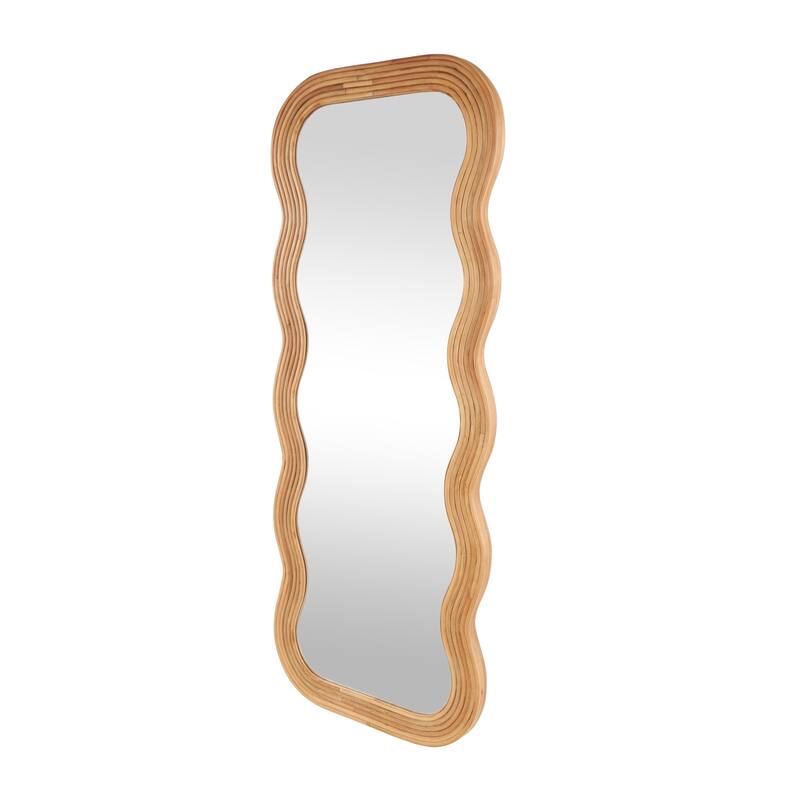 Brown Wood Handmade Wavy Room Wall Mirror with Ribbed Frame - 2"W x 29"L x 73"H