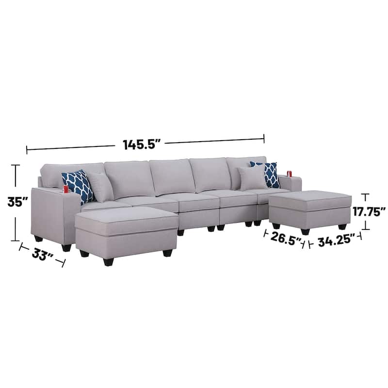 Linen Upholstered 5-Seater Sofa with 2 Ottomans in Light Gray
