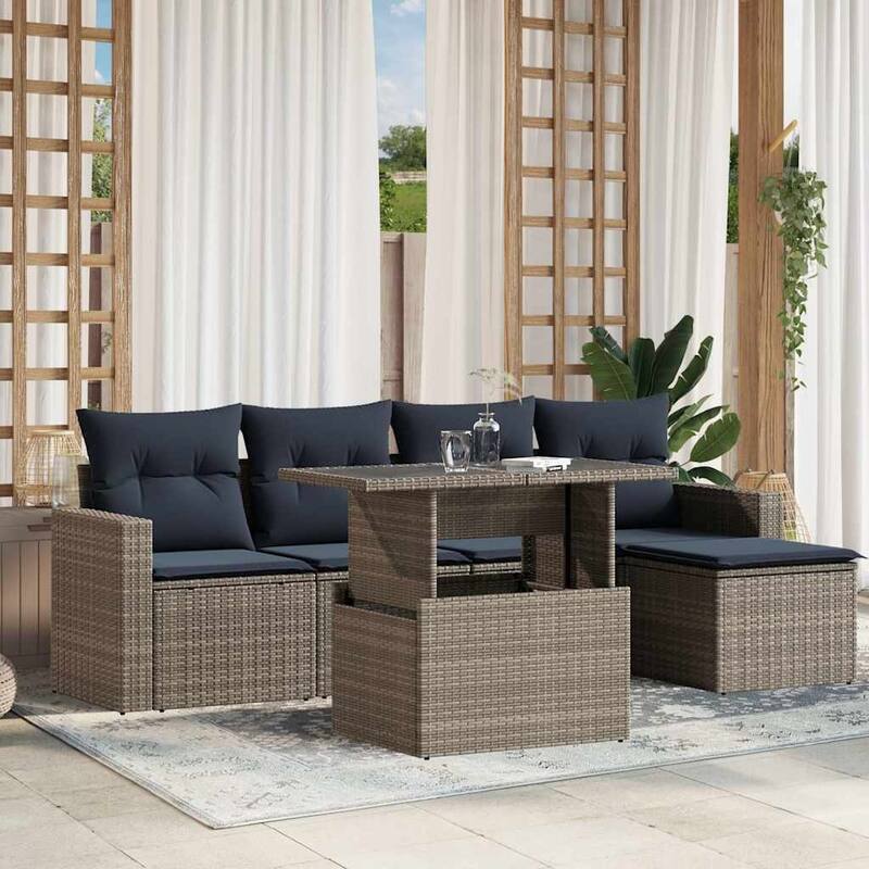 vidaXL Patio Sofa Set with Cushions and Table Outdoor 6 Piece Poly Rattan - 21.7 x 24.4 x 27.2 - Gray without storage