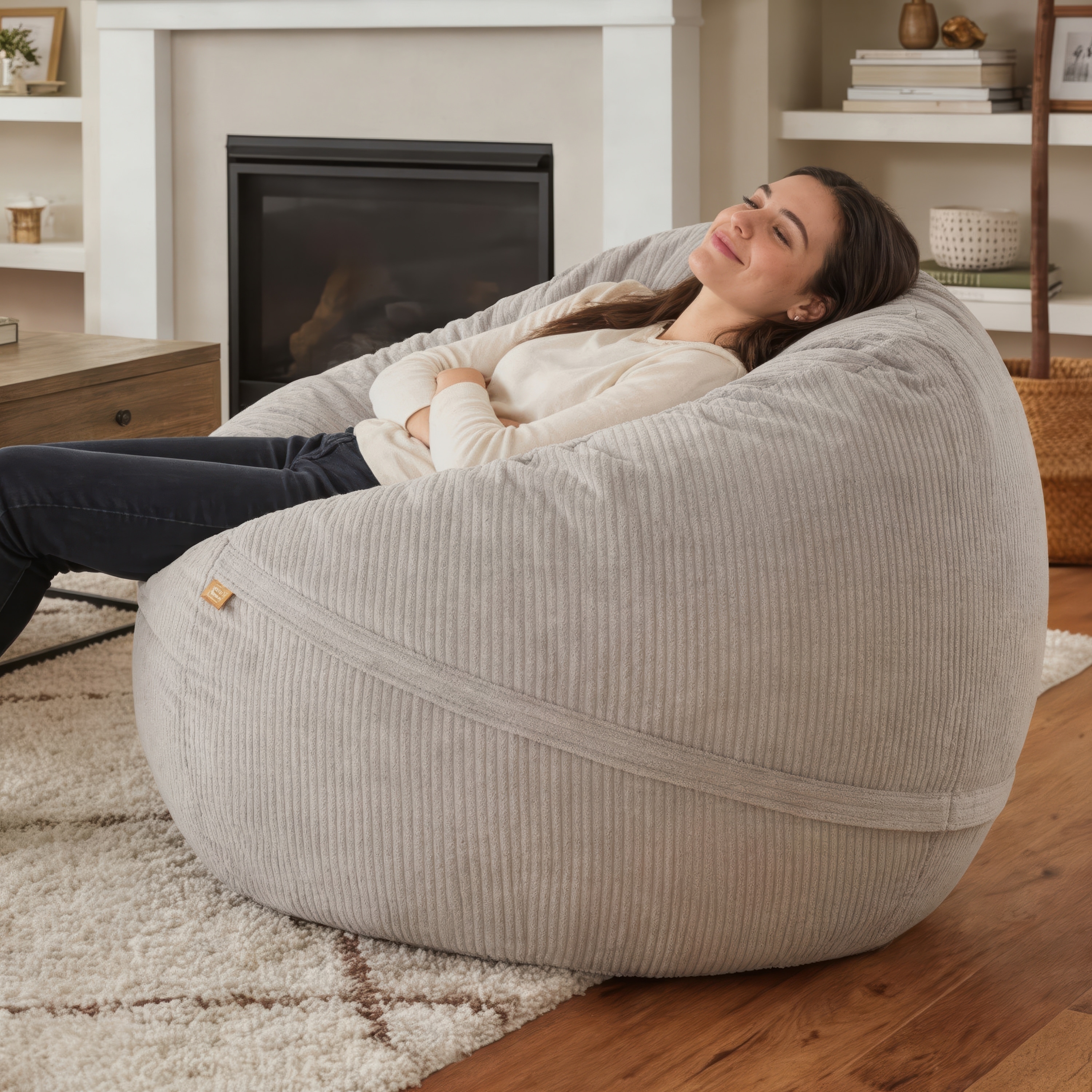 Luna 5 Foot Extra Large Bean Bag Chair, Oversized Foam Lounger for Adults & Kids, Plush Corded Synthetic Fur