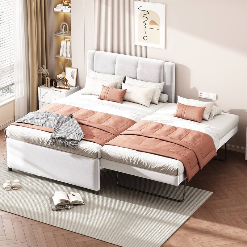 Full Size Upholstered Platform Bed with Multifunctional Trundle, Trundle Can Be Flat or Elevated, No Box Spring Required - Beige