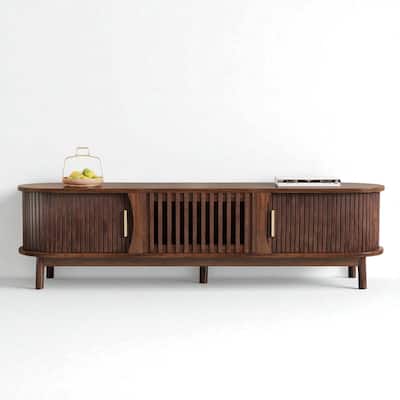 Modern Farmhouse TV Stand for 75 Inch TV, 67" Wood Entertainment Center with Sliding Doors and Solid Wood Legs