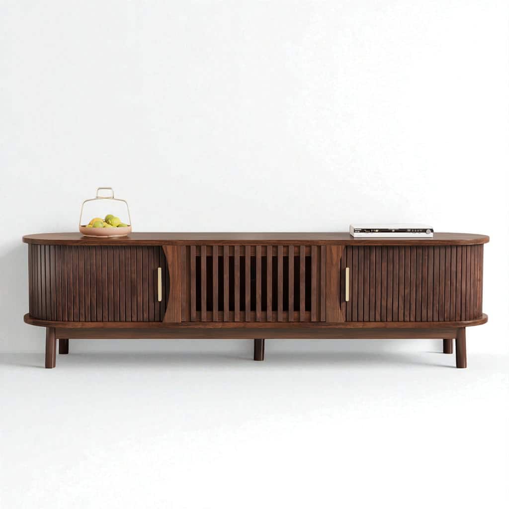 Modern Farmhouse TV Stand for 75 Inch TV, 67" Wood Entertainment Center with Sliding Doors and Solid Wood Legs