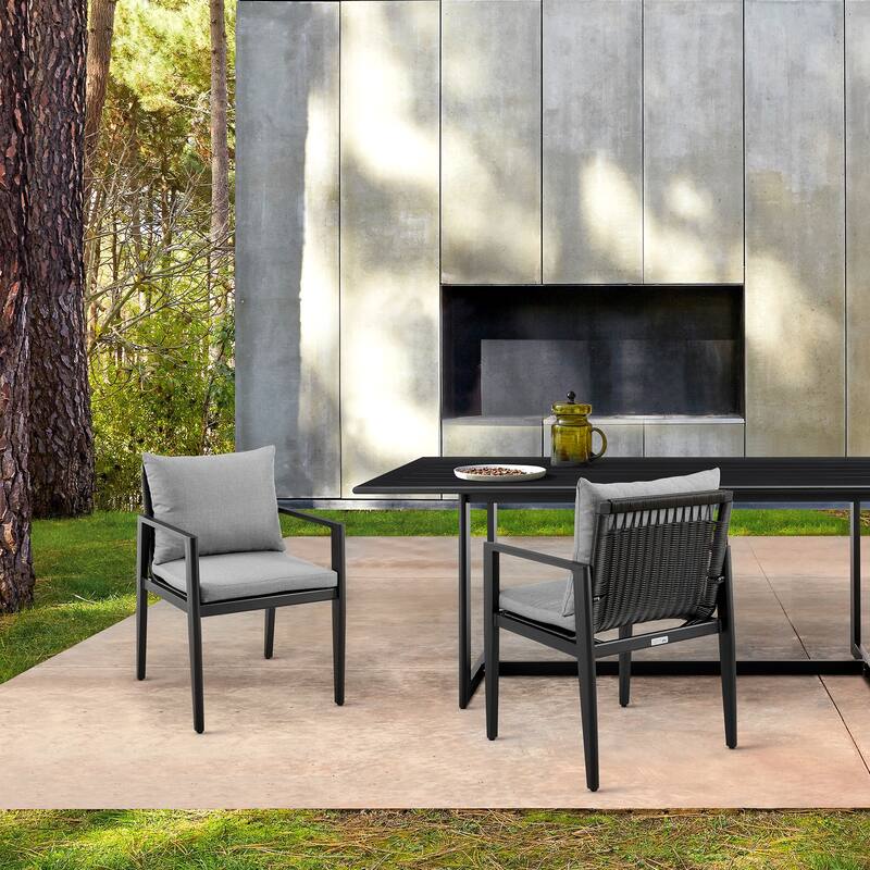 Cayman Outdoor Patio Dining Chairs with Arms in Aluminum with Grey Cushions - Set of 2 - Grey