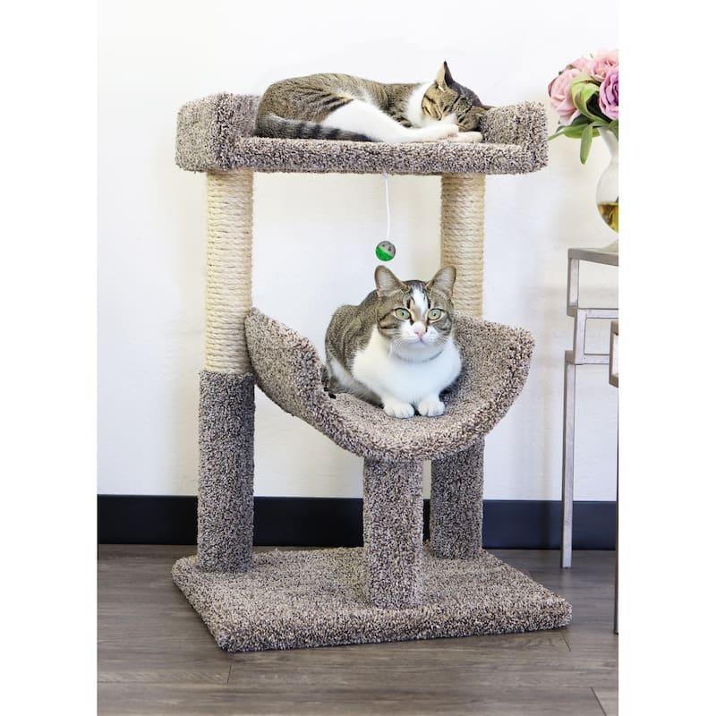 Cozy Dual-Level Window Cat Perch with Scratch Posts and Play Toy for Relaxing and Jumping Indoors