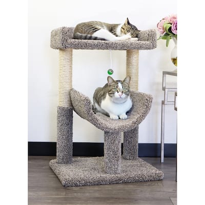 Cozy Dual-Level Window Cat Perch with Scratch Posts and Play Toy for Relaxing and Jumping Indoors
