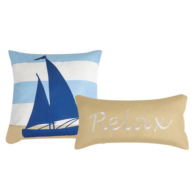 9 Piece Comforter Set Blue White Beige Striped Sea Life Marine Modern Embroidery Soft Bedding