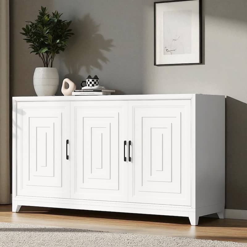 Modern 59" TV Stand for TVs up to 65", Entertainment Center with 2 Cabinets, Adjustable Shelves, Solid Wood Legs - White