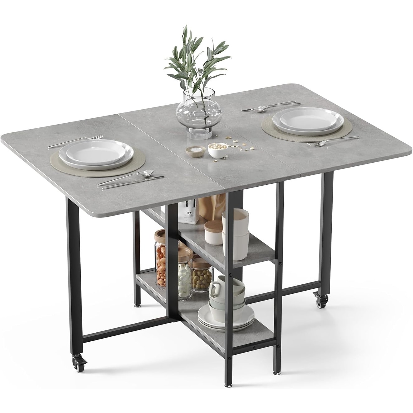 Space-Saving Foldable Dining Table with Storage Shelves, Extendable to Seat 4-6, Mobile with Wheels for Kitchen/Dining Room