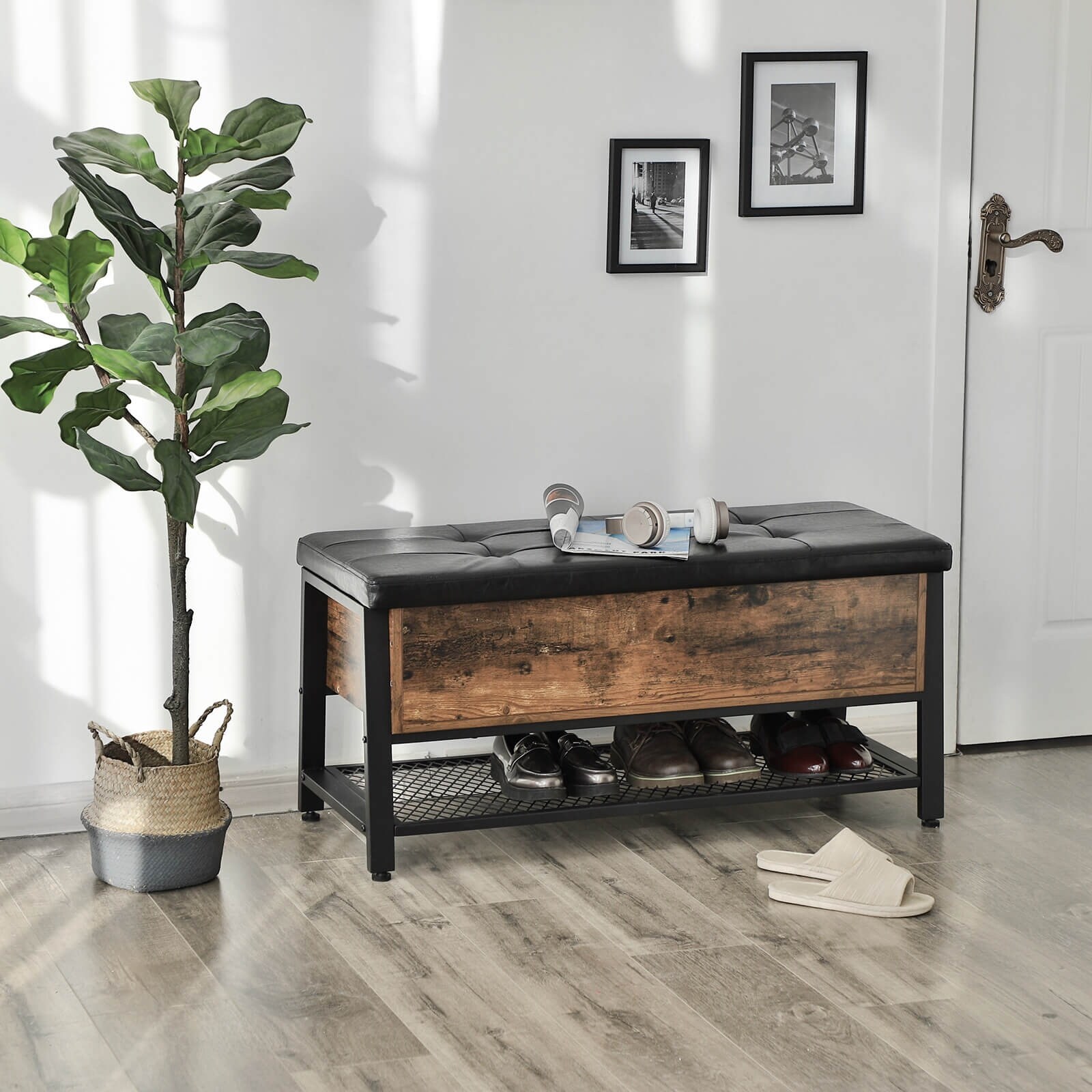 VASAGLE Industrial Storage Bench Bed End Stool with Padded Seat