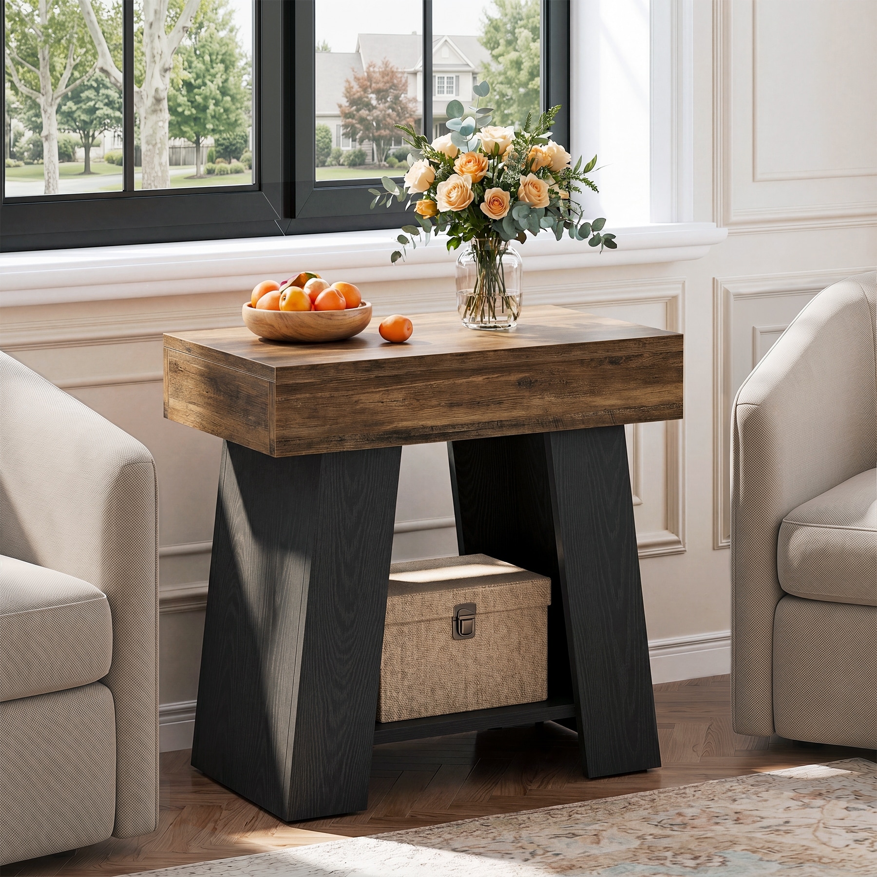 2-Tier Farmhouse End Table, Couch Side Table with Storage Shelf