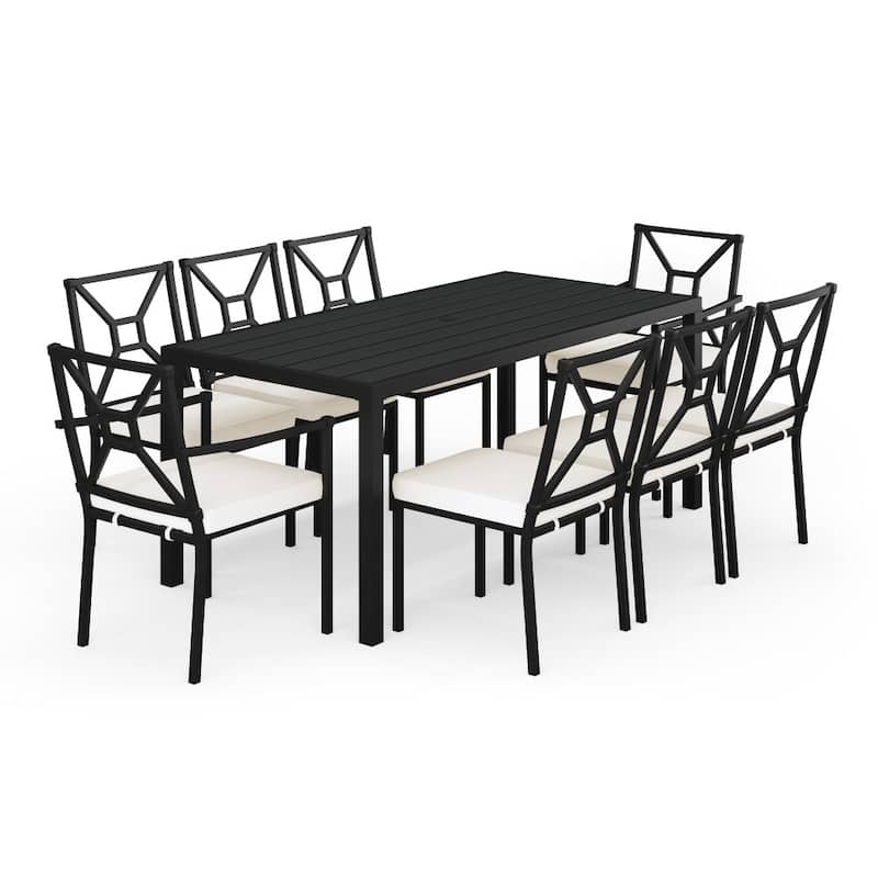 Martha Stewart 9-Piece All-Weather Steel Patio Dining Set - 72"D x 35.25"W x 30"H - Cream Cushions/Black Frame