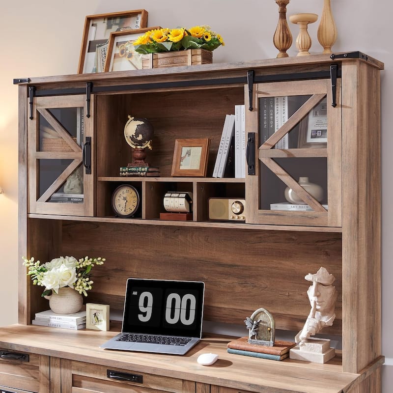 Farmhouse L Shaped Desk with Hutch, Wood Desk with Charging Station