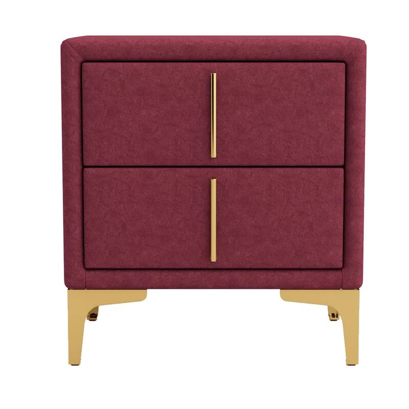Bios 24 Inch Nightstand, 2 Drawers, Red Vegan Faux Leather, Gold Accents