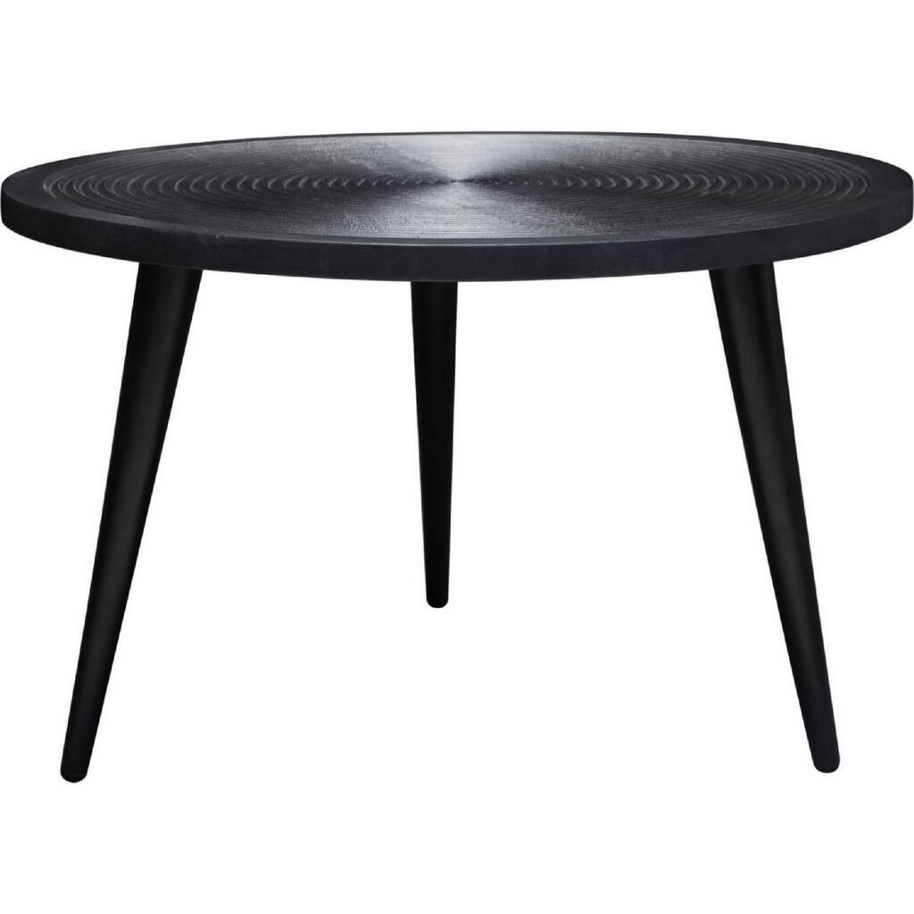 Vio 29 Inch Round Coffee Table, Embossed Surface Patterning, Black Wood