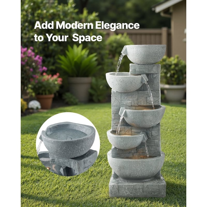 Modern Rock Grey 5-Tier Outdoor Water Fountain with LED Lights for Patio or Garden Decor - 12.99 x 12.20 x 31.50 in