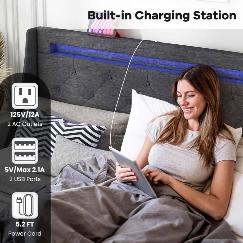 Costway Full/Queen Size Bed Frame with LED Lights & Charging Station