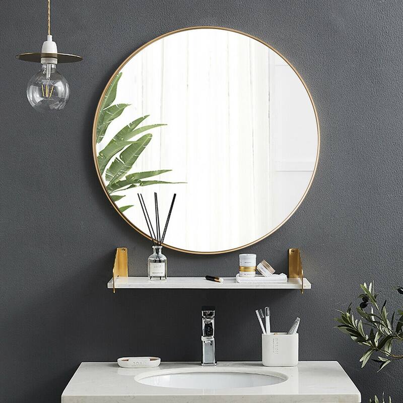 Modern Black Round Wall Mirror for Bathroom and Living Room - 27.5" L × 1.5" W × 27.5" H