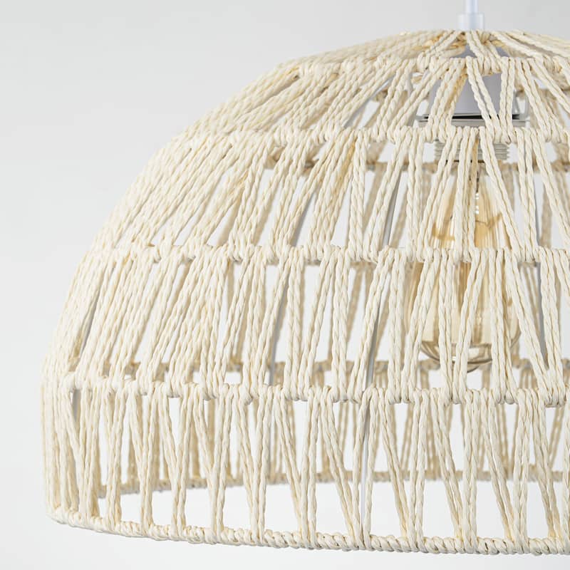 1-Light Modern Farmhouse Bohemian Round Hand-Woven Rattan Flush Mount Light Dome Pendant Light