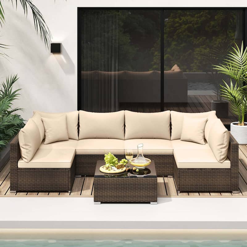 7 PCS Patio Rattan Furniture Set Outdoor Conversation Set w/ Cushions