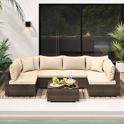 7 PCS Patio Rattan Furniture Set Outdoor Conversation Set w/ Cushions