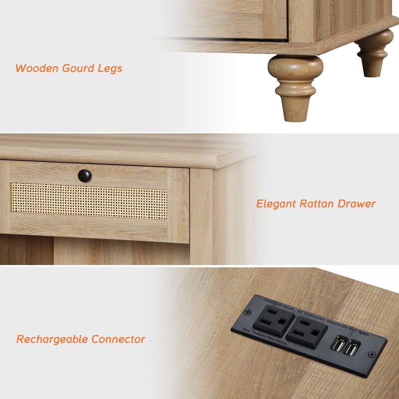 3 Piece Bedroom Set, Queen Size Bed Frame & Set of 2 Nightstands, Oak