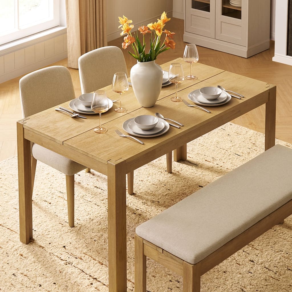 Mopio Logan Solid Wood Dining Table, Modern Farmhouse Solid Rubberwood with light wire brush for Dining Room and Kitchen