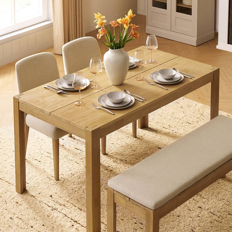 Mopio Logan Solid Wood Dining Table, Modern Farmhouse Solid Rubberwood with light wire brush for Dining Room and Kitchen