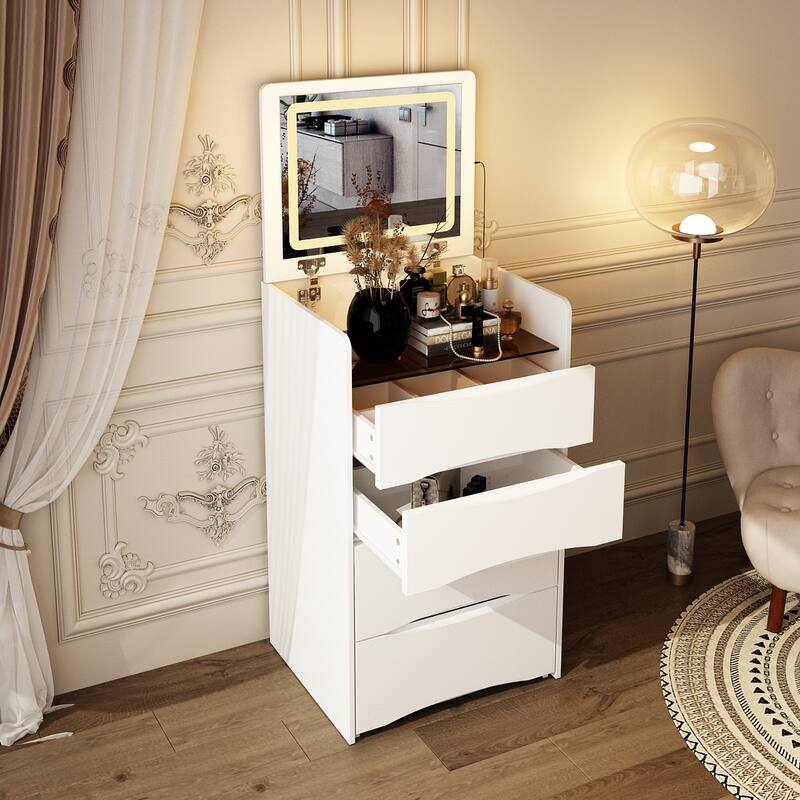 Space-Saving Vanity and Stool Set with LED-Lit Mirror Chest Dresser