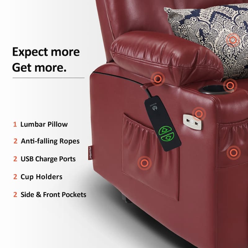 MCombo Large Lift Recliner Chair with Massage and Heat for Elderly, Extended Footrest, Cup Holders, USB Ports, Faux Leather 7539