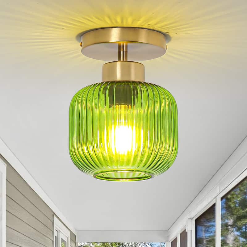 5.9" Wide Vintage Gold Semi Ceiling Light Flush Mount with Green Glass - D 5.9" x H 7.7"