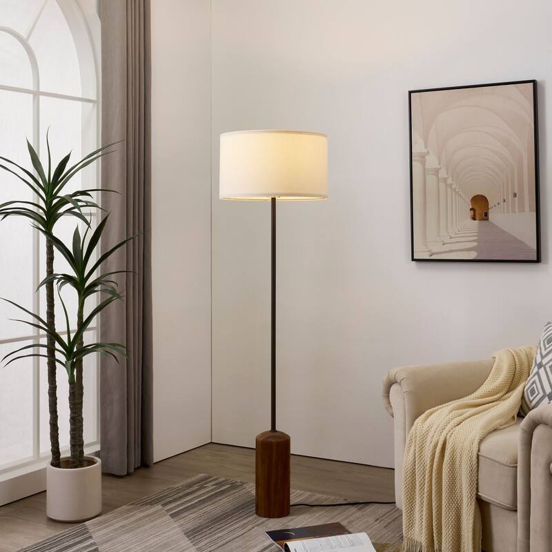 Brightech Oren LED Walnut Brown Wood Midcentury Super Bright Floor Lamp with Cream Cotton Drum Shade