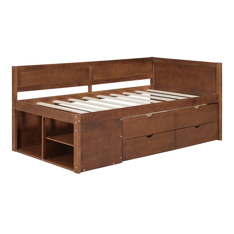 Pine Wood Daybed Frame with 4 Storage Drawers & Shelves